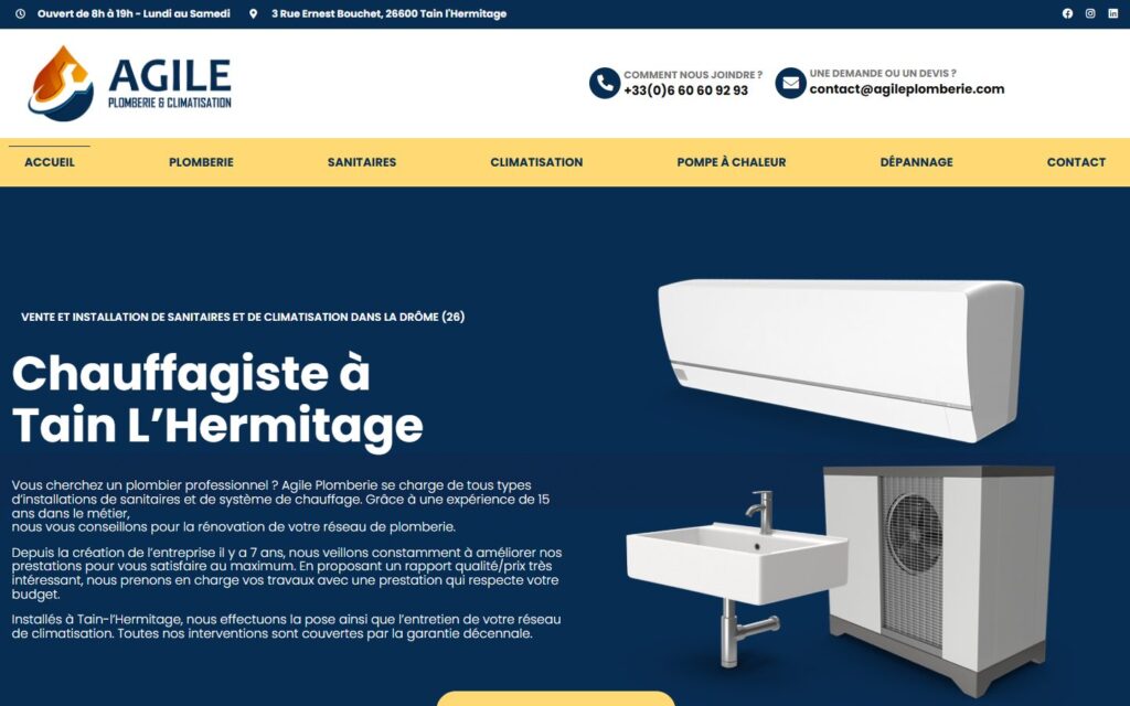 Page d’accueil du site Agile Plomberie